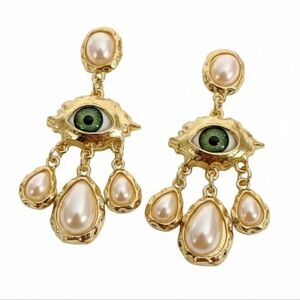 Schiaparelli Style Elegant Gold and Pearl Evil Eye Drop Earrings